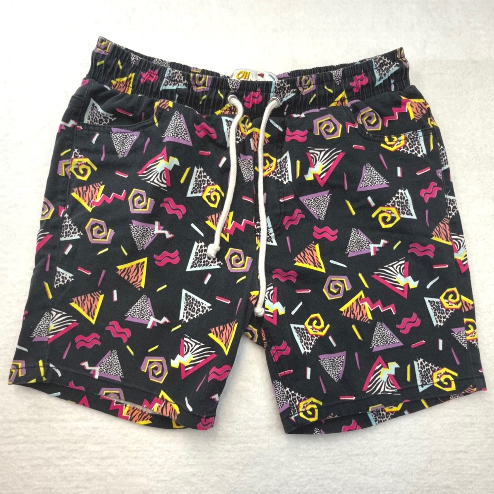 Oh Snap! Mens Lrg‎ 90s Retro Print Drawstring Shorts Black Colorful Geometric